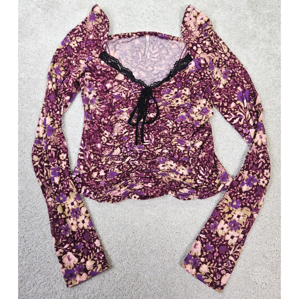 Free People Purple Floral Long-Sleeve Crop Top